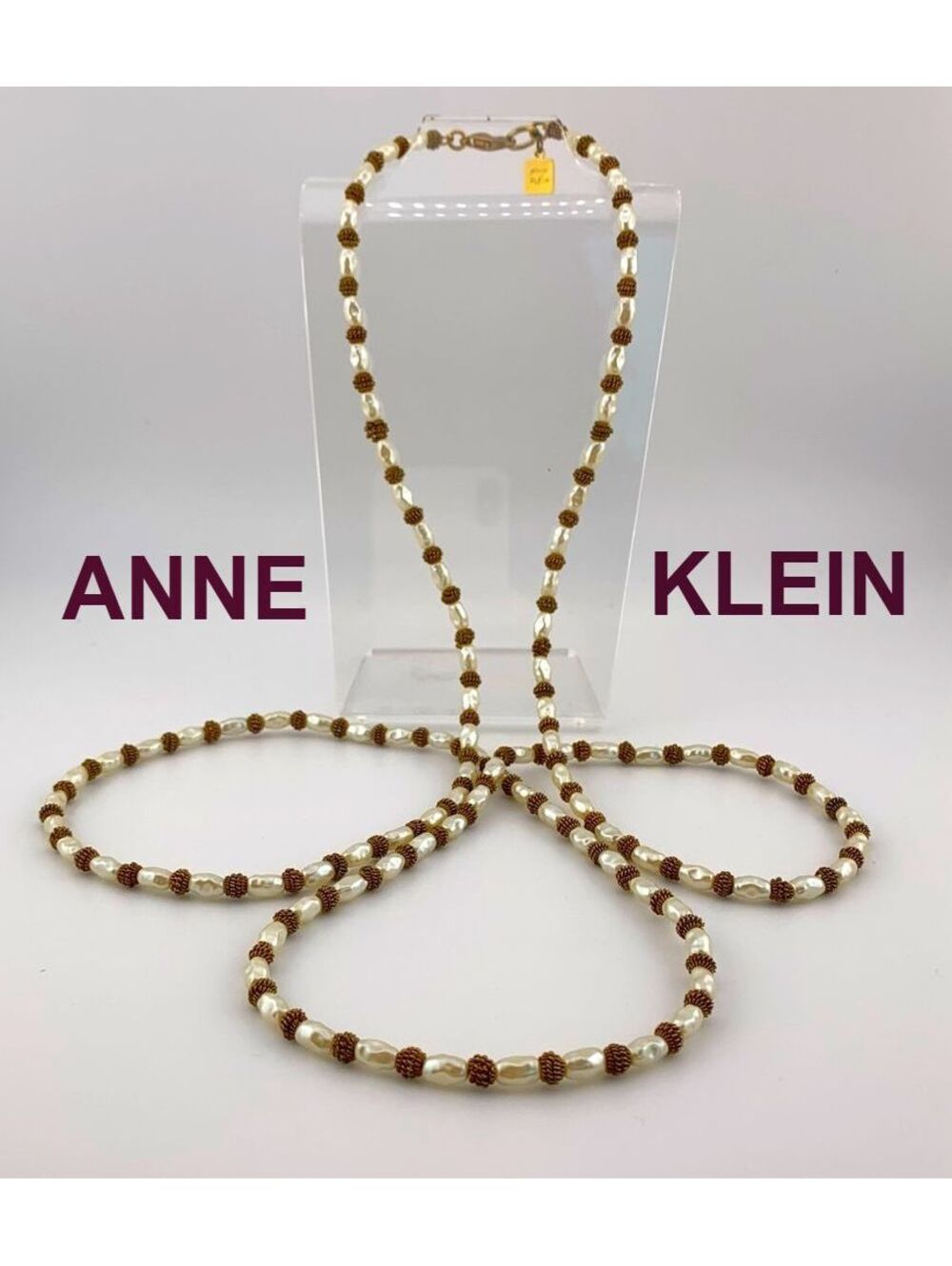 Vintage Anne Klein Faux Pearl and Gold Tone Beaded Necklace 44" Long Opera